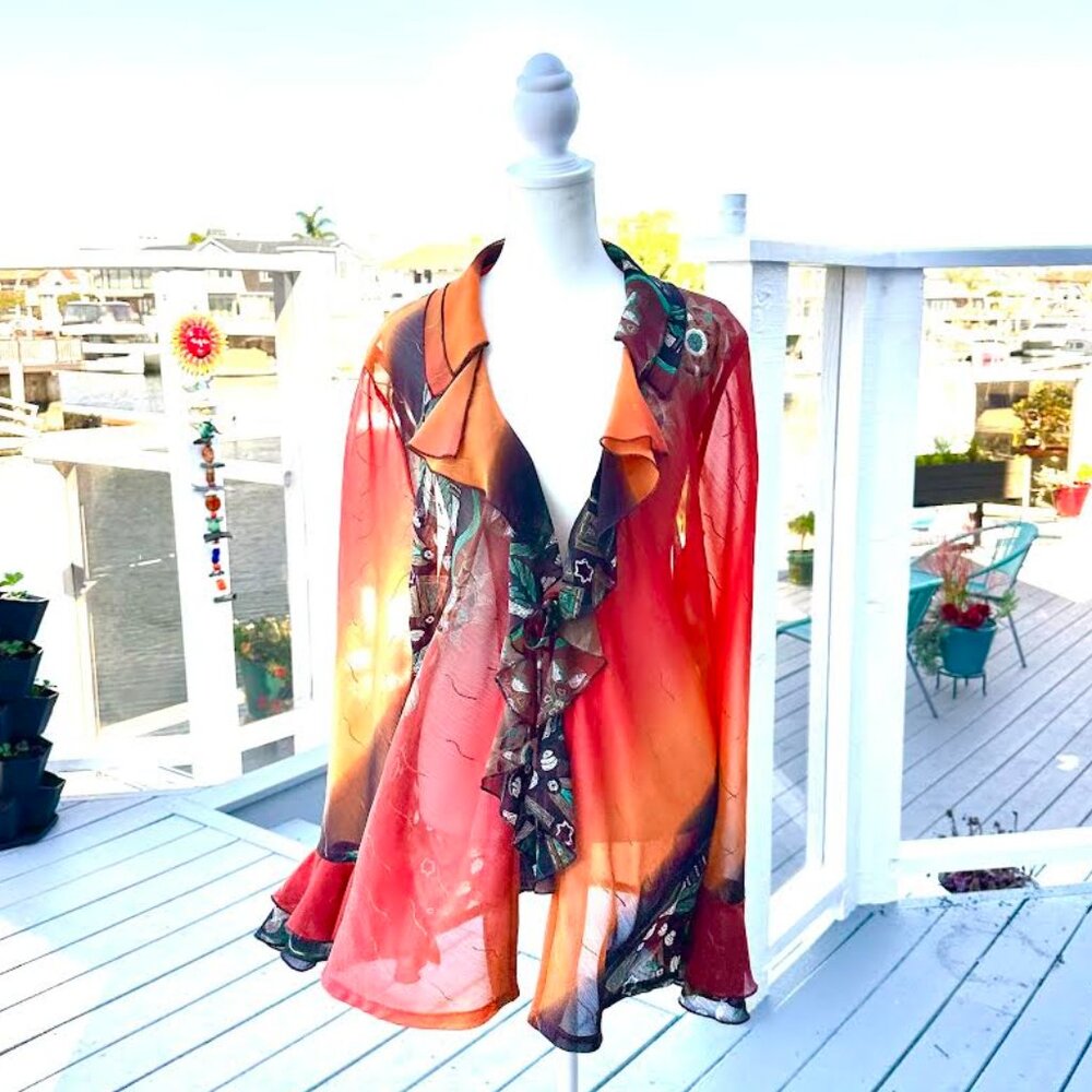 Sole Dione Studio Semi Sheer Open Front Blouse Ruffles Flowing Witchy Artsy